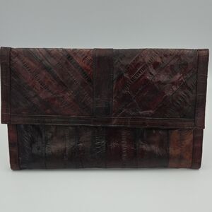 Vintage Brown Eel Skin Leather Clutch Evening Bag Large 11" x 6.5" Purse